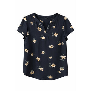 Hilary Radley Black Floral Split Neck Short Sleeve Blouse NWT XL